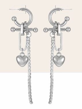 Silver Hoop Earrings with Hanging Chain and Heart Charm